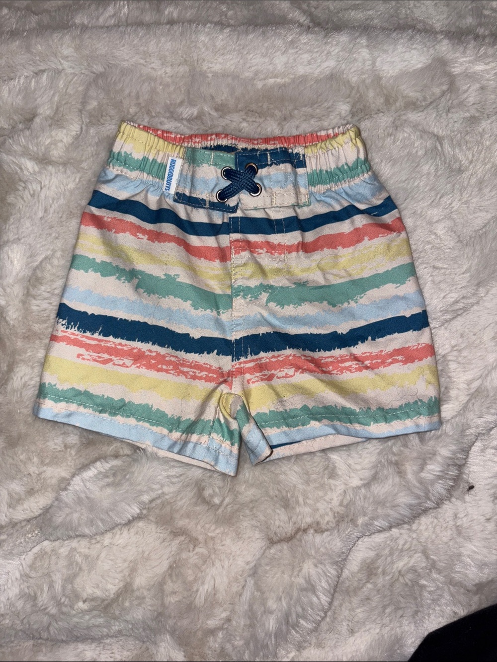 Colorful Striped Toddler Swim Shorts in Coral, Navy, Mint & Yellow